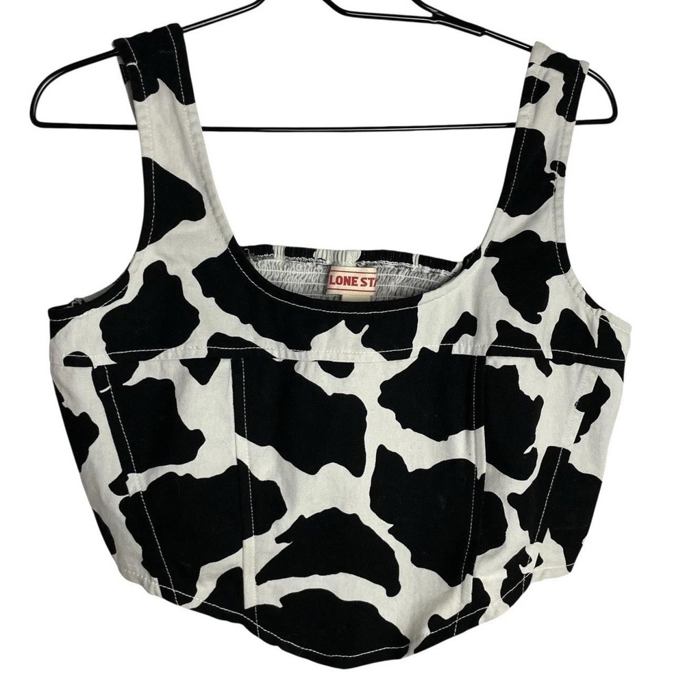 NWT Lone Star Womens Cow Print Cropped Bustier Top Sz L Smocked Western Festival - Picture 2 of 9